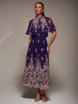 Jolie Moi Floral Chiffon High Neck Dress, Purple, Purple