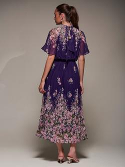 Jolie Moi Floral Chiffon High Neck Dress, Purple - view 2, Purple