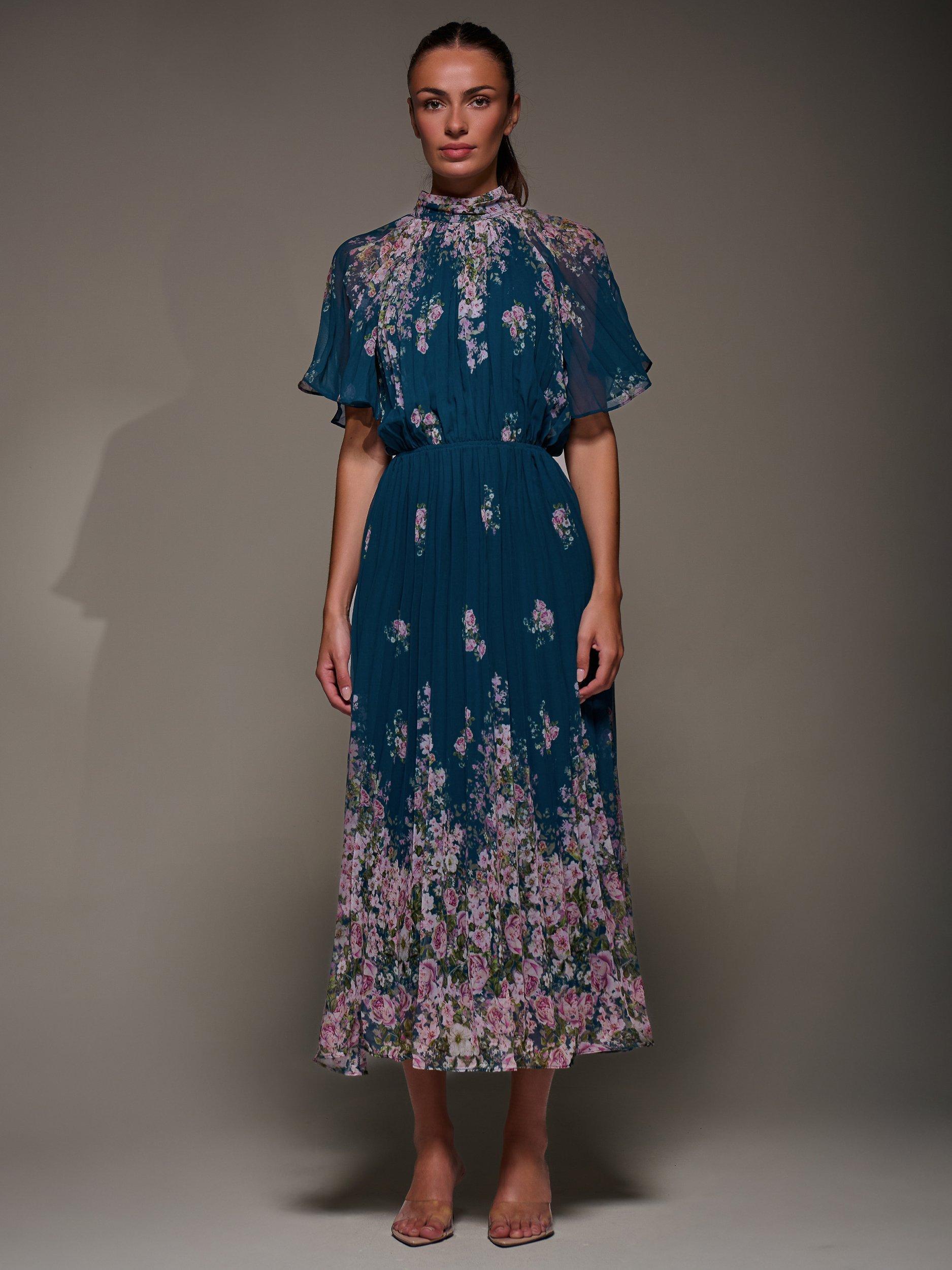 Jolie Moi Floral High Neck Chiffon Dress, Teal Floral
