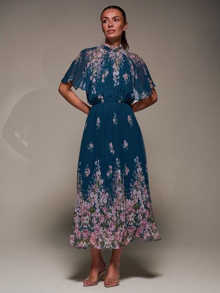 Jolie Moi Floral High Neck Chiffon Dress, Teal  Floral, Teal  Floral