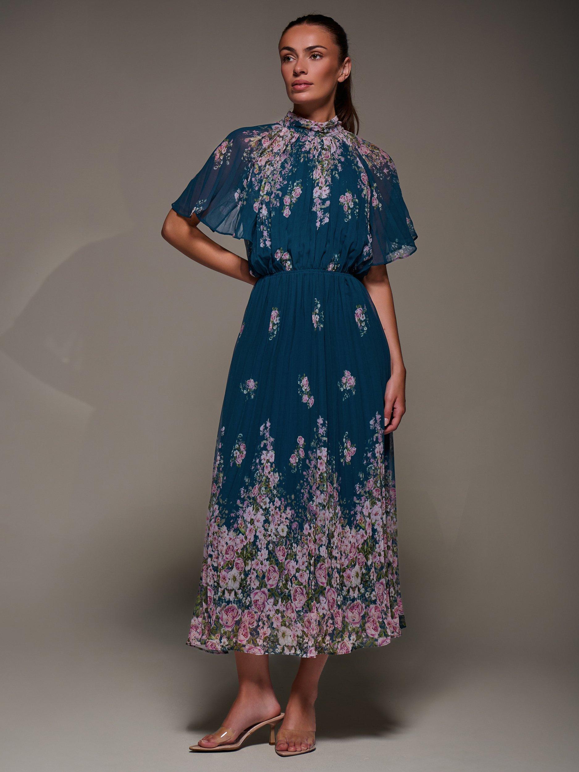 Jolie Moi Floral High Neck Chiffon Dress, Teal Floral