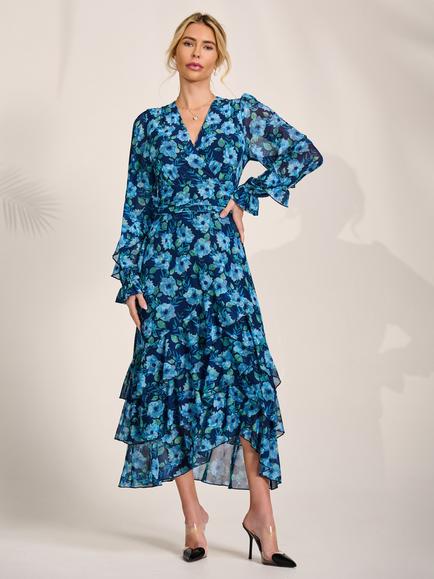 Jolie Moi Floral Frill Detail Mesh Dress, Blue, Blue