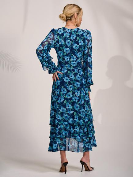 Jolie Moi Floral Frill Detail Mesh Dress, Blue - view 2, Blue