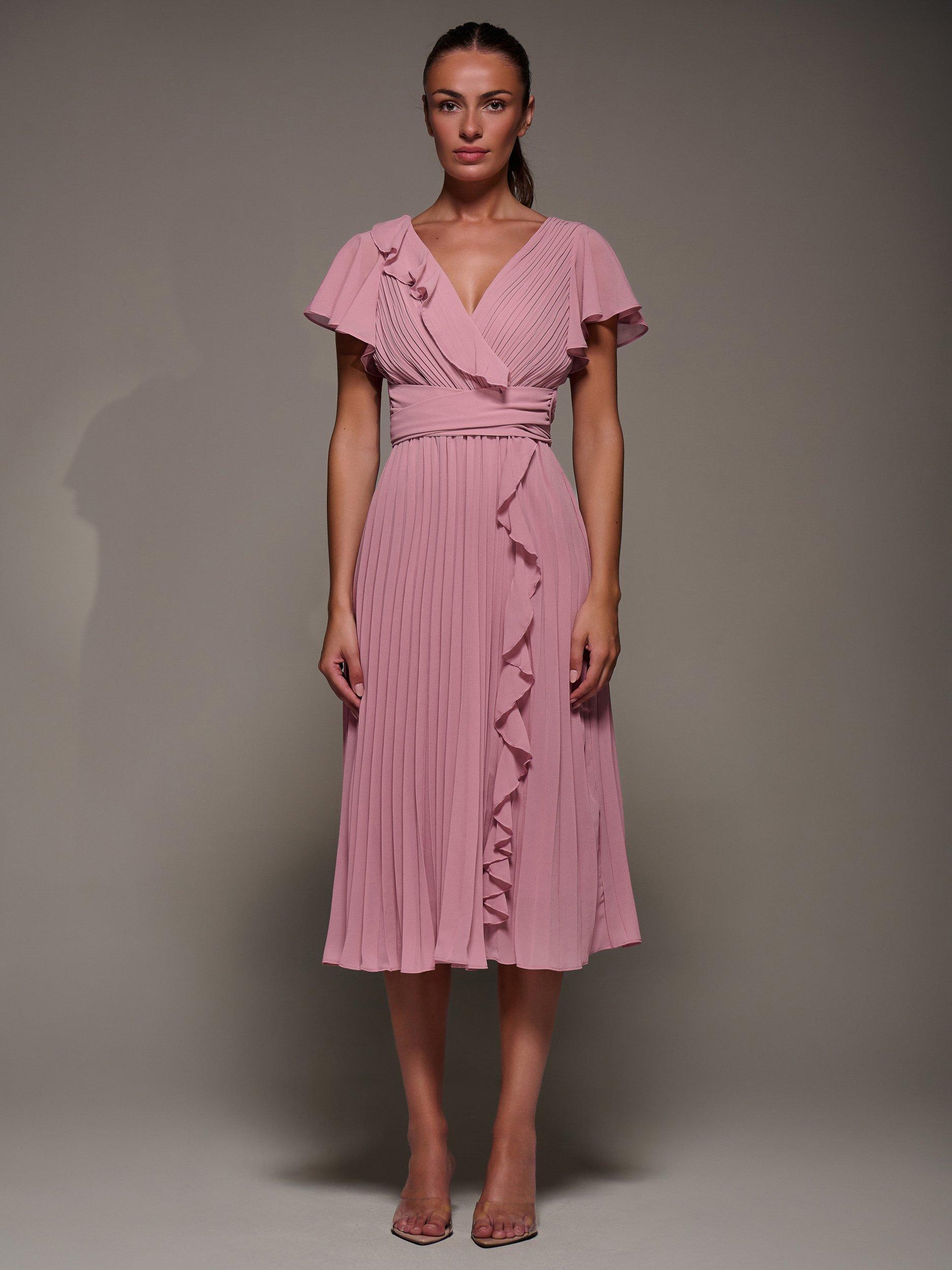 Product image 1 of 7, which shows Jolie Moi Chiffon Pleated Ruffle Midi Dress, Dusty Pink, 8