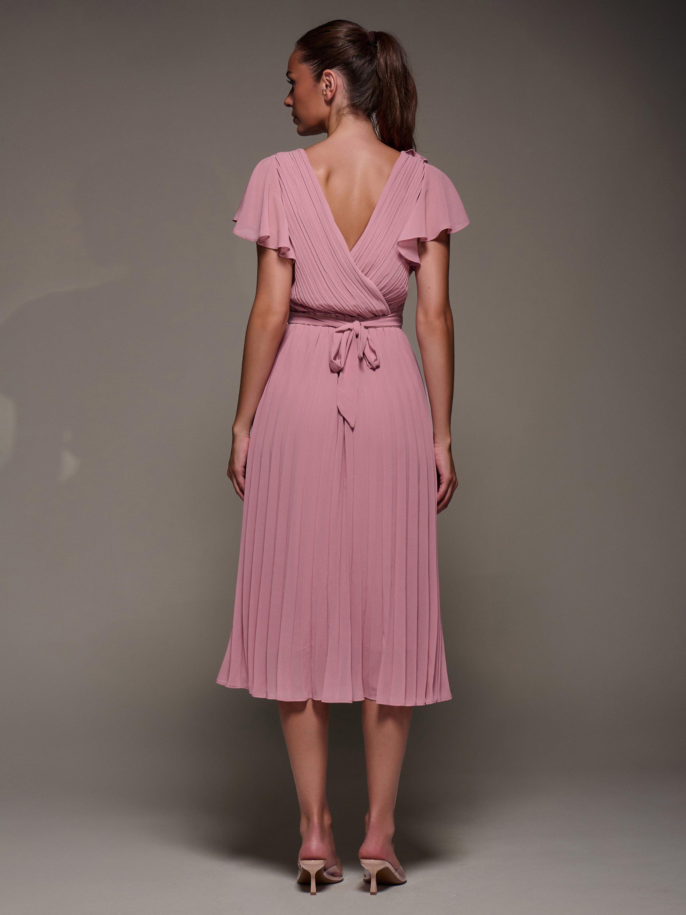 Product image 2 of 7, which shows Jolie Moi Chiffon Pleated Ruffle Midi Dress, Dusty Pink, 8