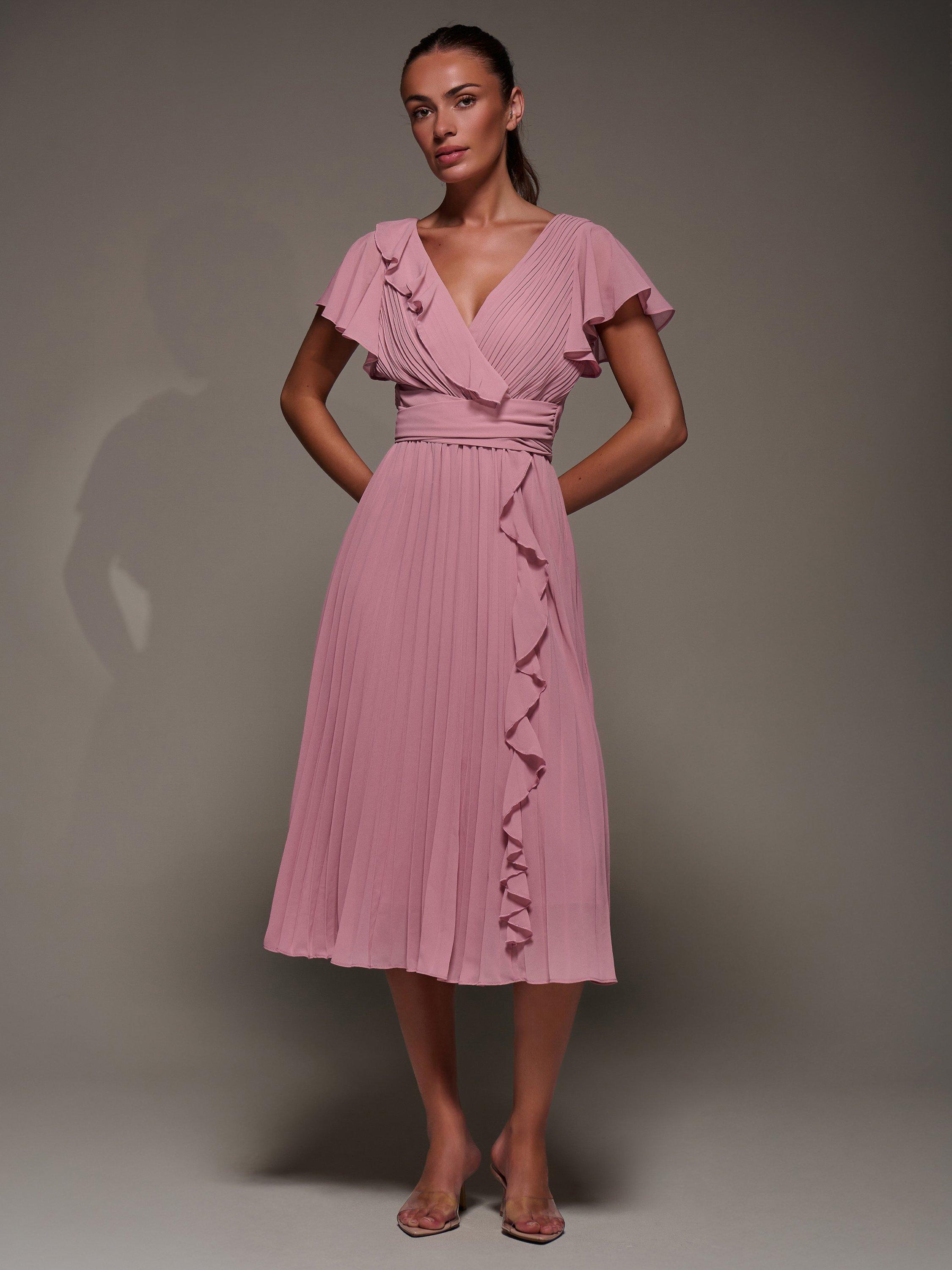 Product image 3 of 7, which shows Jolie Moi Chiffon Pleated Ruffle Midi Dress, Dusty Pink, 8