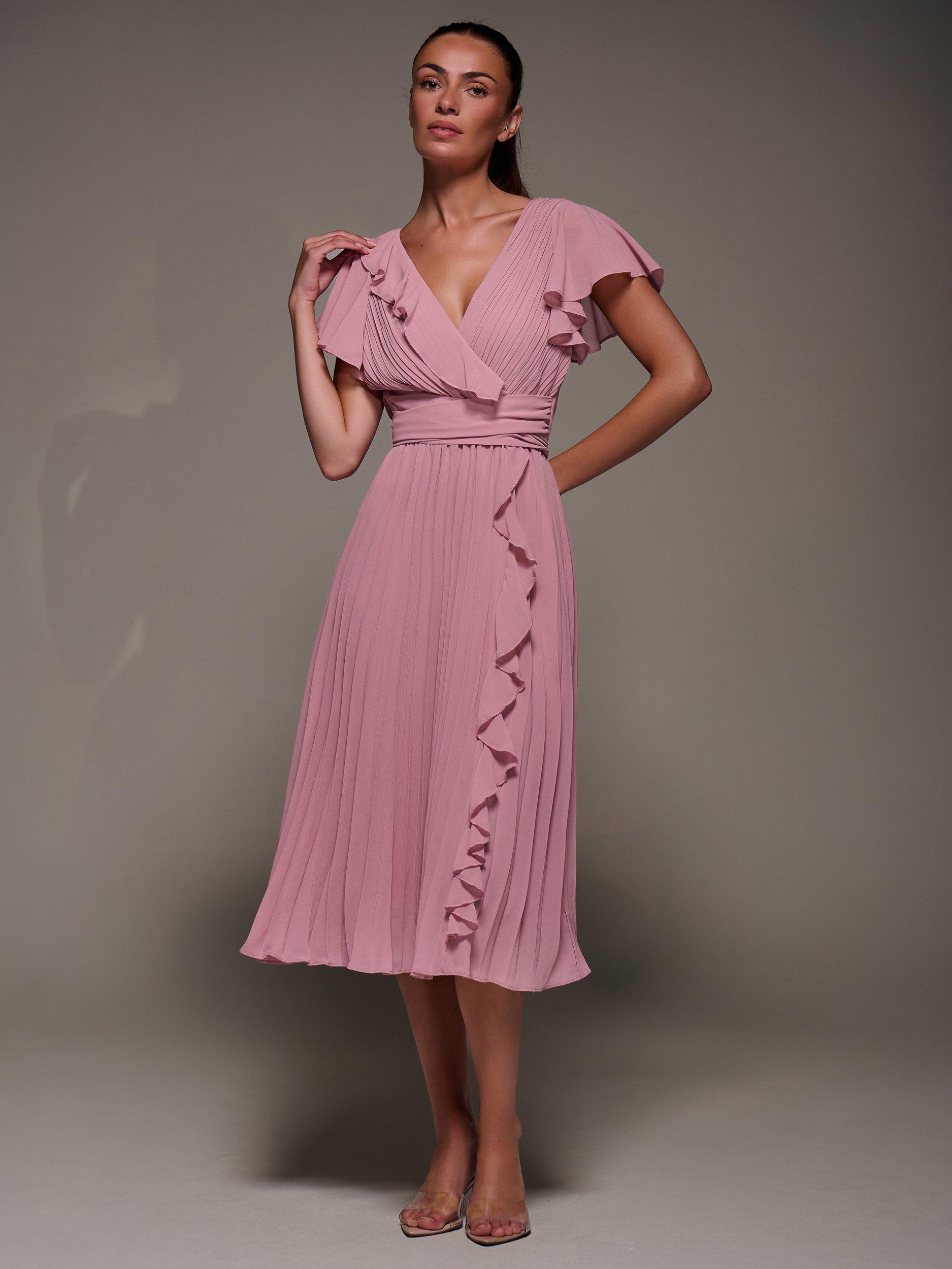 Product image 5 of 7, which shows Jolie Moi Chiffon Pleated Ruffle Midi Dress, Dusty Pink, 8