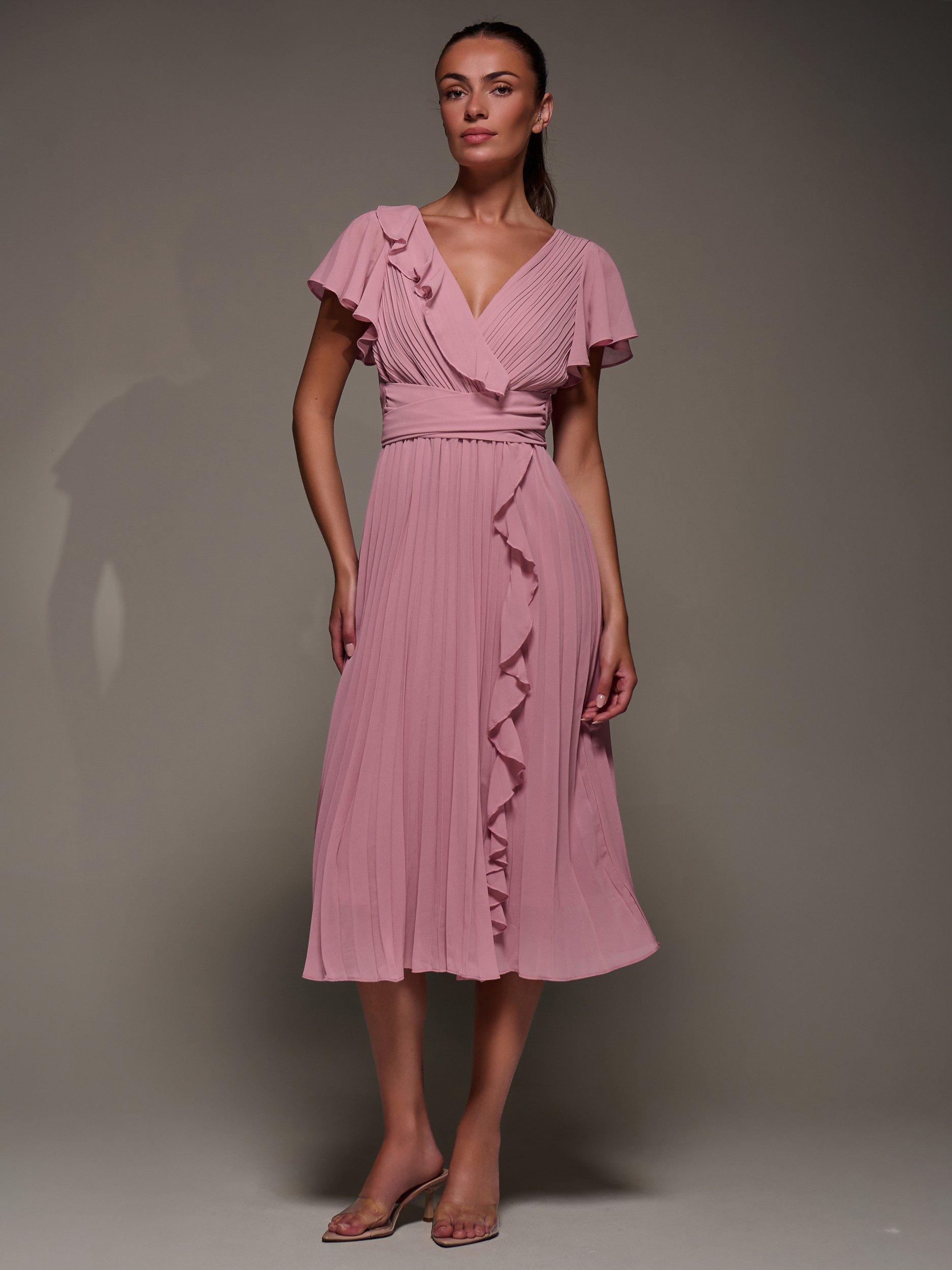 Product image 6 of 7, which shows Jolie Moi Chiffon Pleated Ruffle Midi Dress, Dusty Pink, 8