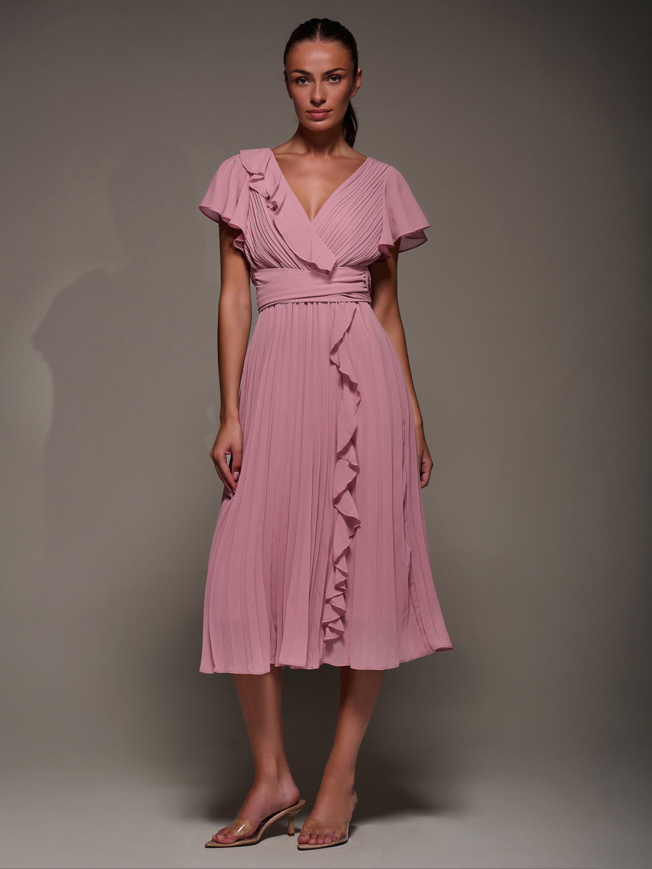 Product image 7 of 7, which shows Jolie Moi Chiffon Pleated Ruffle Midi Dress, Dusty Pink, 8