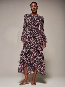 Jolie Moi Floral Ruffle Long Sleeve Dress, Pink Floral, Pink Floral