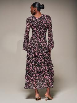Jolie Moi Floral Ruffle Long Sleeve Dress, Pink Floral - view 2, Pink Floral