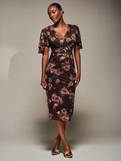 Jolie Moi Floral Mesh Midi Dress, Burgundy Floral, Burgundy Floral