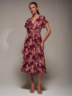 Jolie Moi Floral Ruffle Pleated Midi Dress, Burgundy Floral, Burgundy Floral
