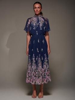 Jolie Moi Floral High Neck Pleated Dress, Navy Floral, Navy Floral