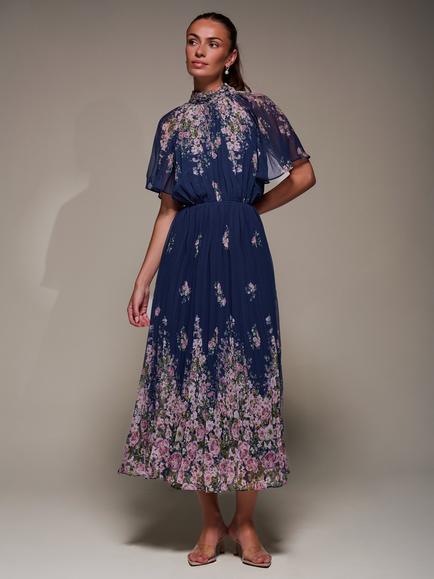 Jolie Moi Floral High Neck Pleated Dress, Navy Floral, Navy Floral
