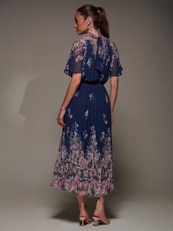 Jolie Moi Floral High Neck Pleated Dress, Navy Floral - view 2, Navy Floral