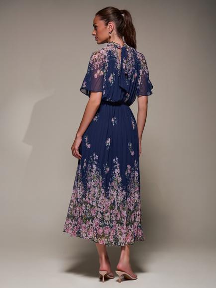 Jolie Moi Floral High Neck Pleated Dress, Navy Floral - view 2, Navy Floral