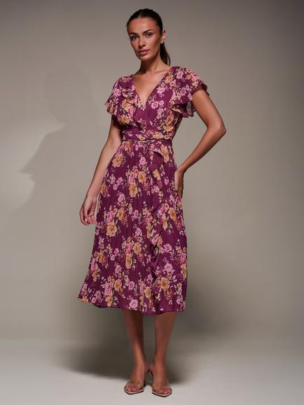 Jolie Moi Floral Chiffon Pleated Ruffle Midi Dress, Fuchsia Floral, Fuchsia Floral