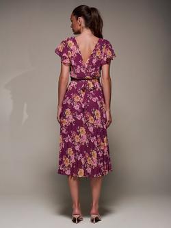 Jolie Moi Floral Chiffon Pleated Ruffle Midi Dress, Fuchsia Floral - view 2, Fuchsia Floral