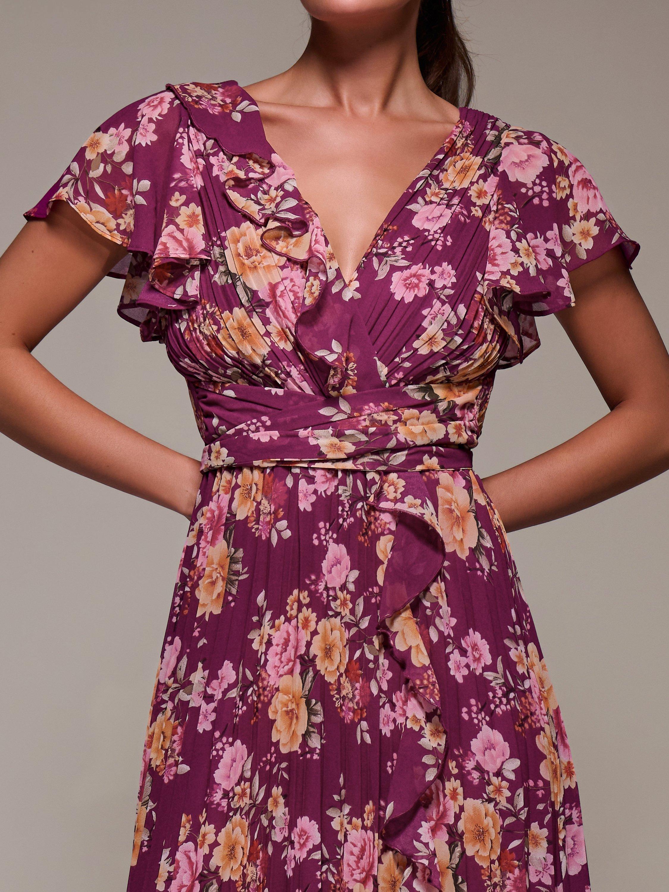 fuchsia pleated chiffon midi dress Jolie Moi Floral Ruffle Dress, Floral US Size:US 26W Muslim Women's Long Top october_2024_mailer Pink fuchsia The soft dusty tone