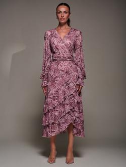 Jolie Moi Floral Long Sleeve Frill Dress, Pink Abstract, Pink Abstract