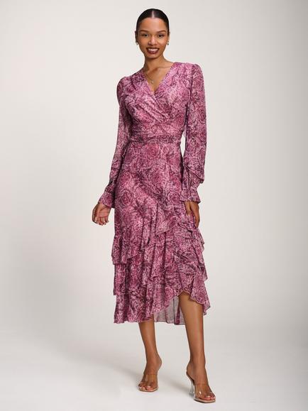Jolie Moi Floral Long Sleeve Frill Dress, Pink Abstract, Pink Abstract
