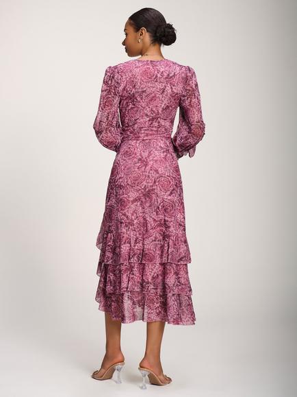 Jolie Moi Floral Long Sleeve Frill Dress, Pink Abstract - view 2, Pink Abstract