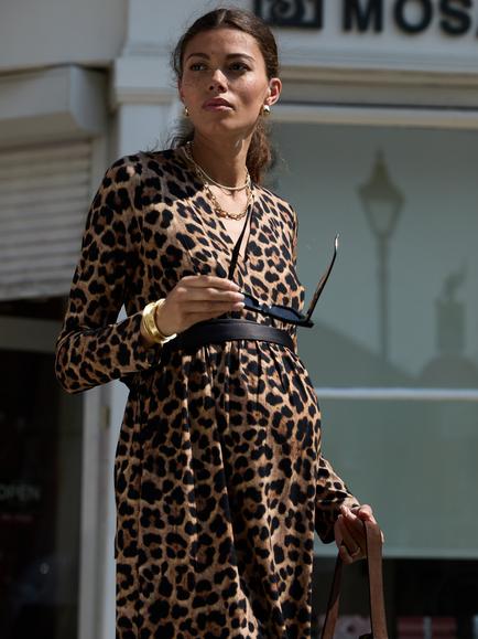 Isabella Oliver Maternity Ingrid Long Sleeved Leopard Dress containing LENZING™ ECOVERO™ Viscose, Butterscotch/Multi - view 2, Butterscotch/Multi