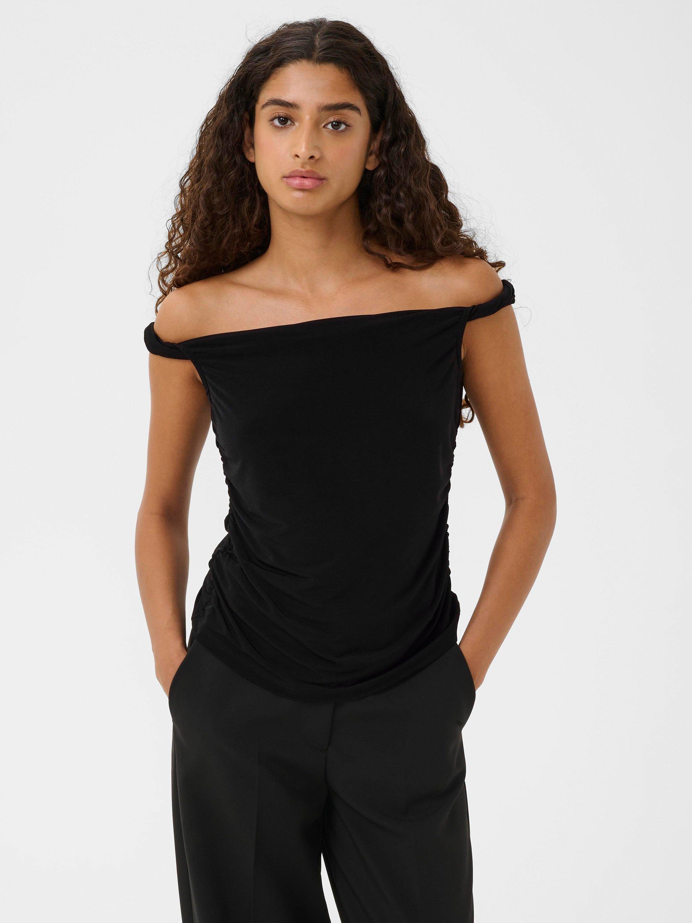 Product image 1 of 8, which shows Soaked In Luxury Adjo Off Shoulder Top, Black, XS