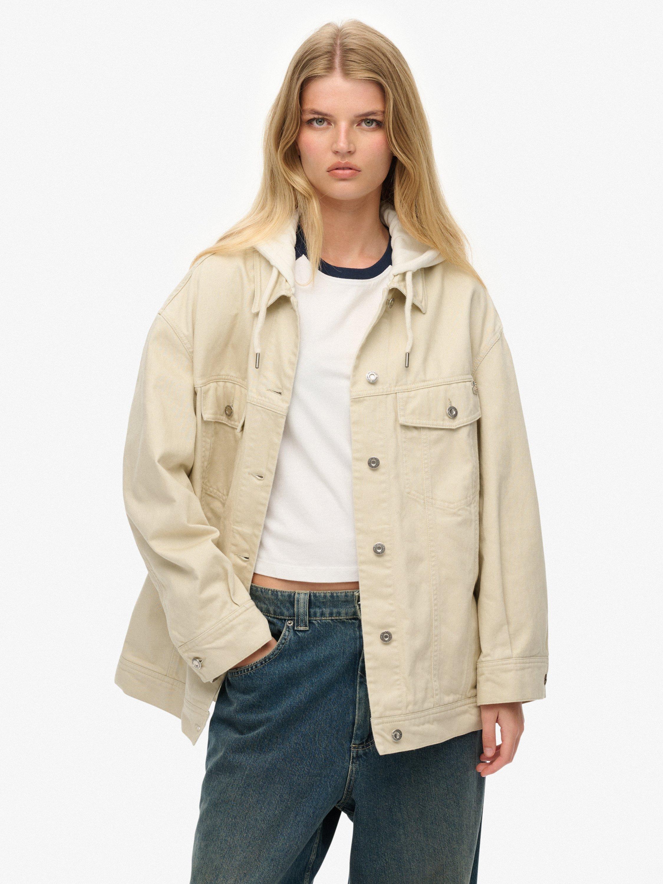 Product image 1 of 7, which shows Superdry Relaxed Hooded Trucker Jacket, Oat Bran, 14
