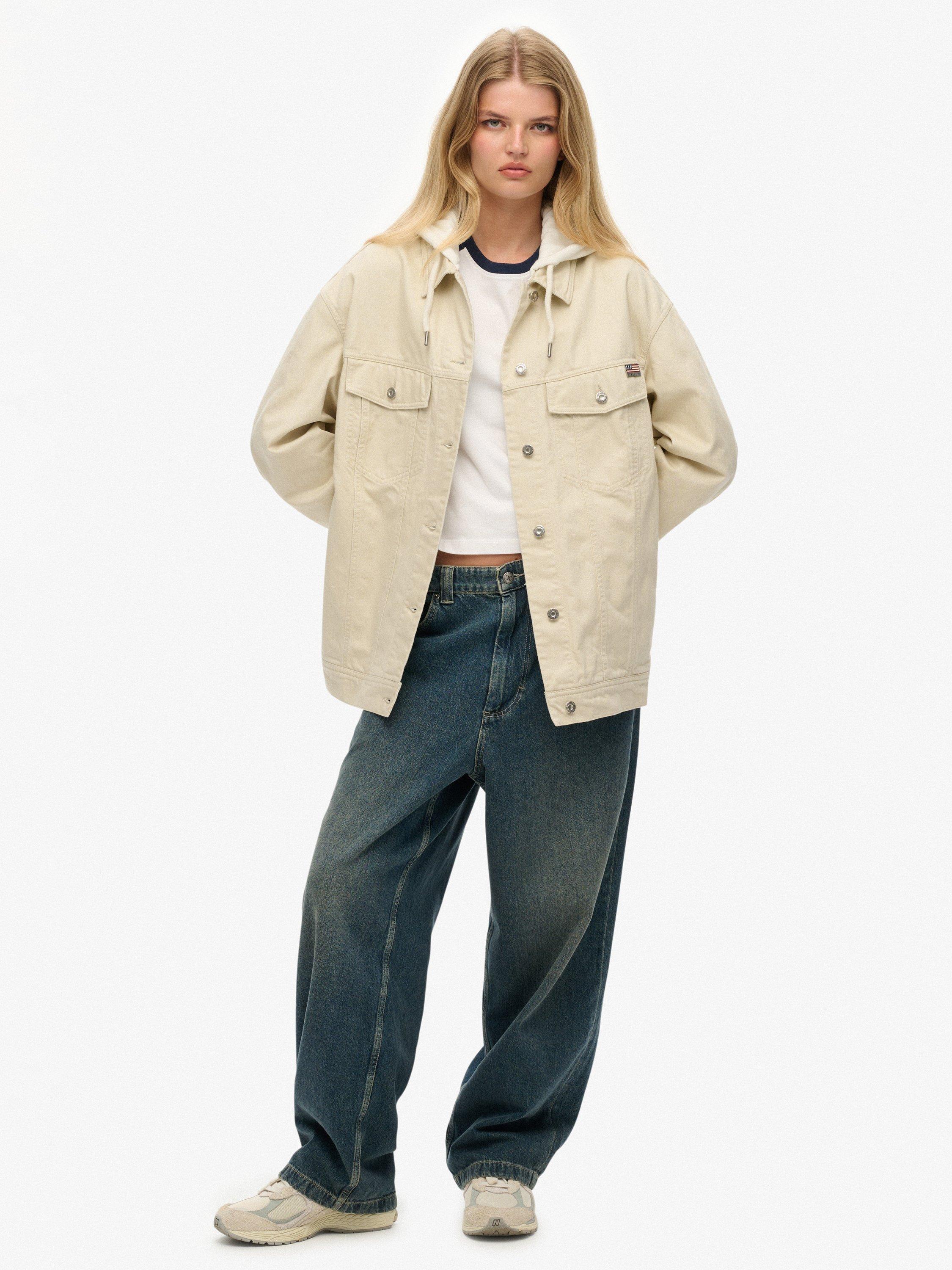 Product image 3 of 7, which shows Superdry Relaxed Hooded Trucker Jacket, Oat Bran, 14