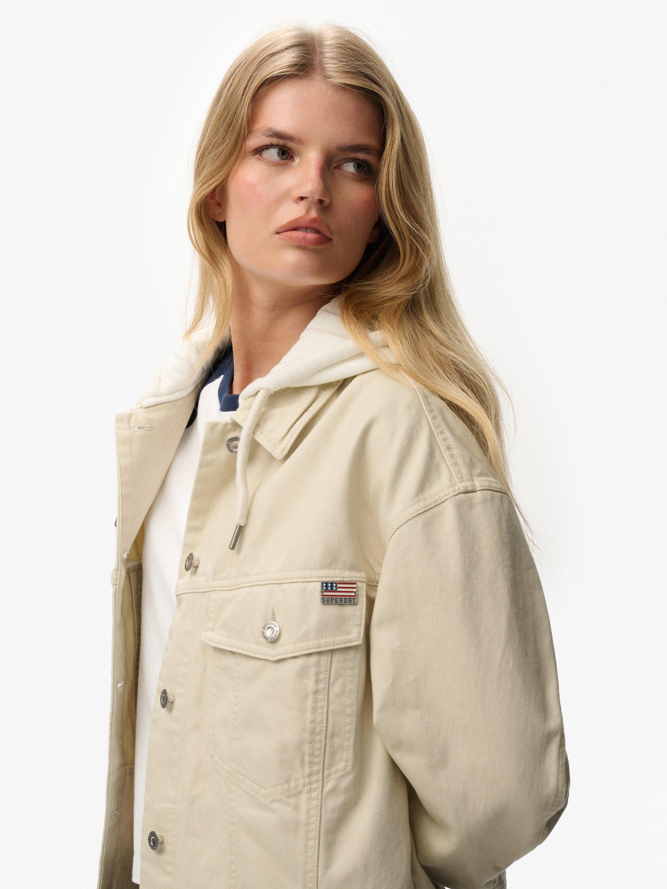 Product image 6 of 7, which shows Superdry Relaxed Hooded Trucker Jacket, Oat Bran, 14