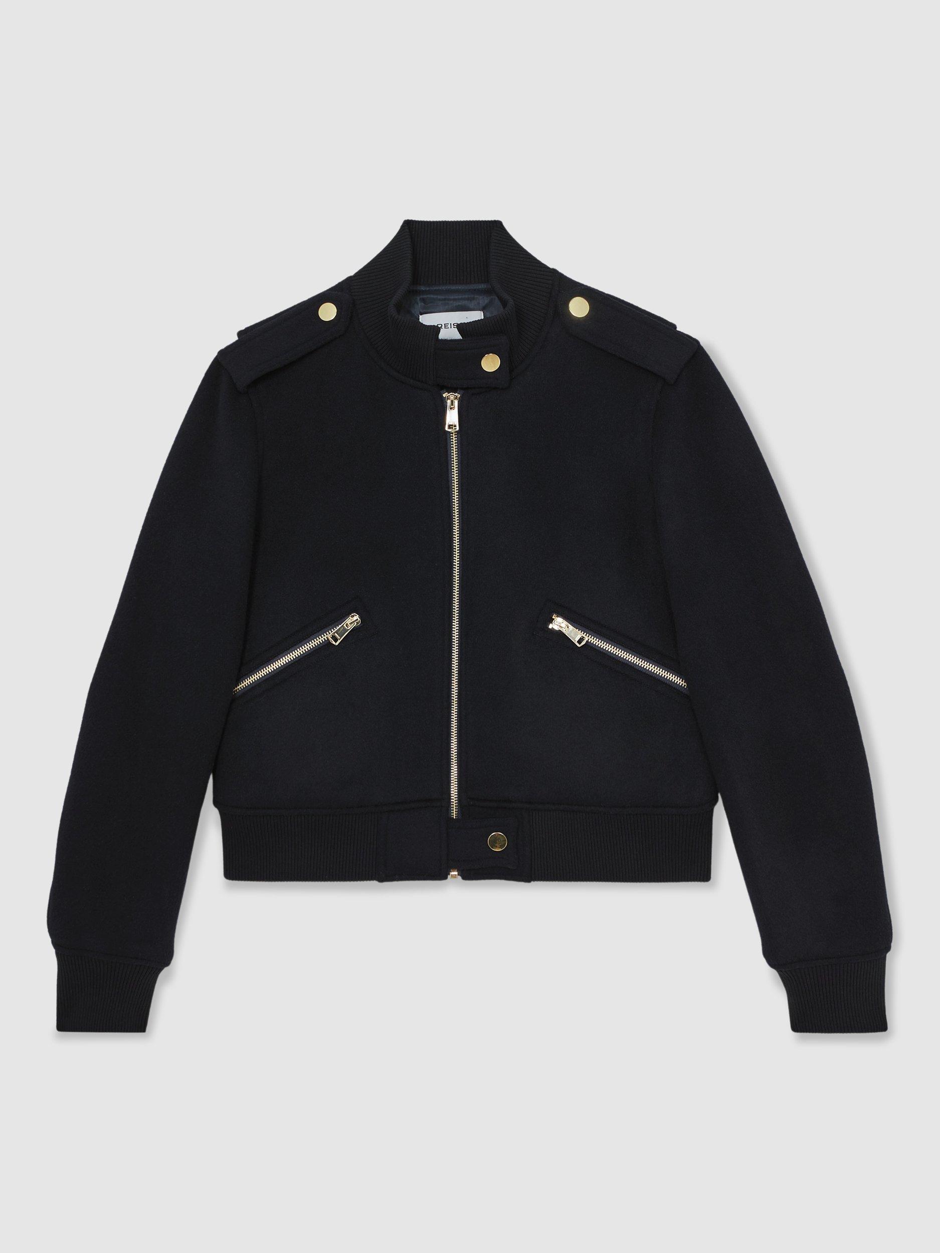 Product image 3 of 5, which shows Reiss Cleo Brushed Wool Epaulette Bomber Jacket, Navy, 6