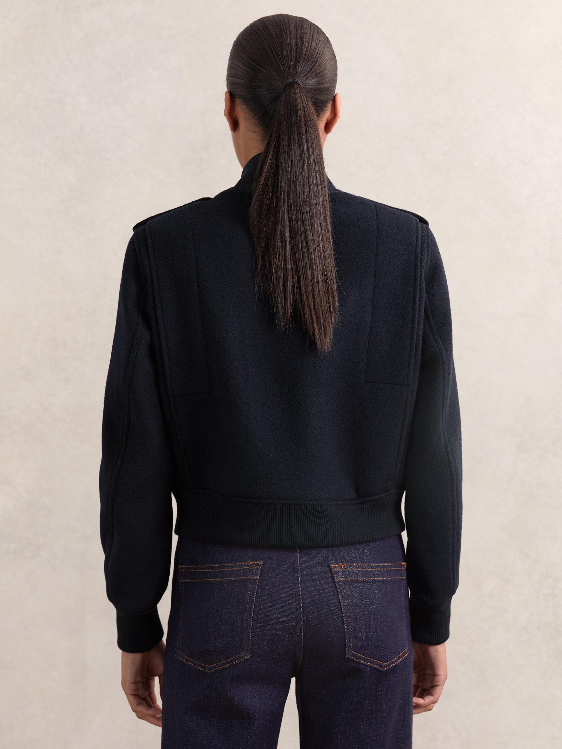 Product image 5 of 5, which shows Reiss Cleo Brushed Wool Epaulette Bomber Jacket, Navy, 6