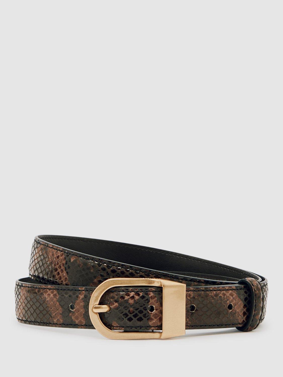 Product image 1 of 4, which shows Reiss Hazel Snake Print Leather Belt, Chocolate, S