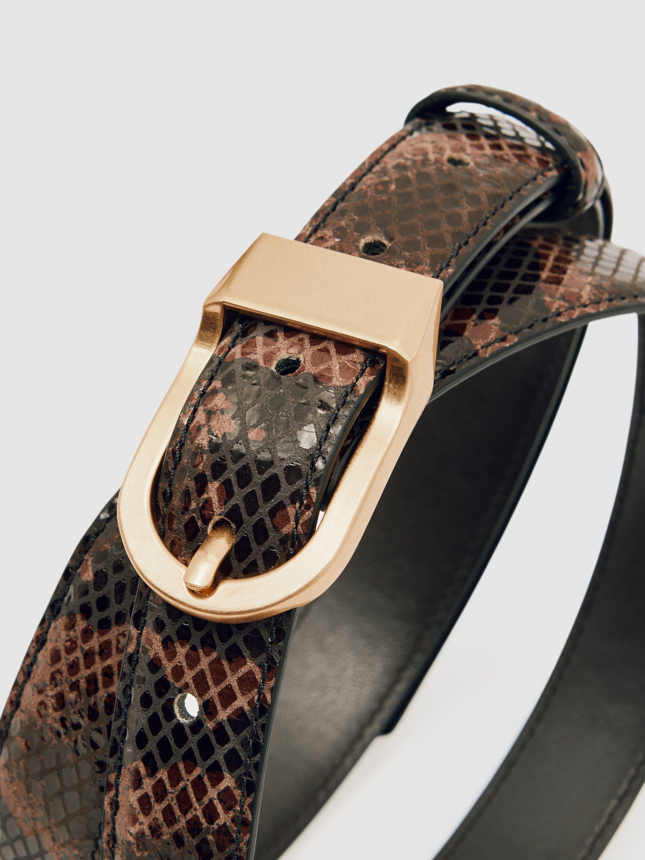 Product image 4 of 4, which shows Reiss Hazel Snake Print Leather Belt, Chocolate, S