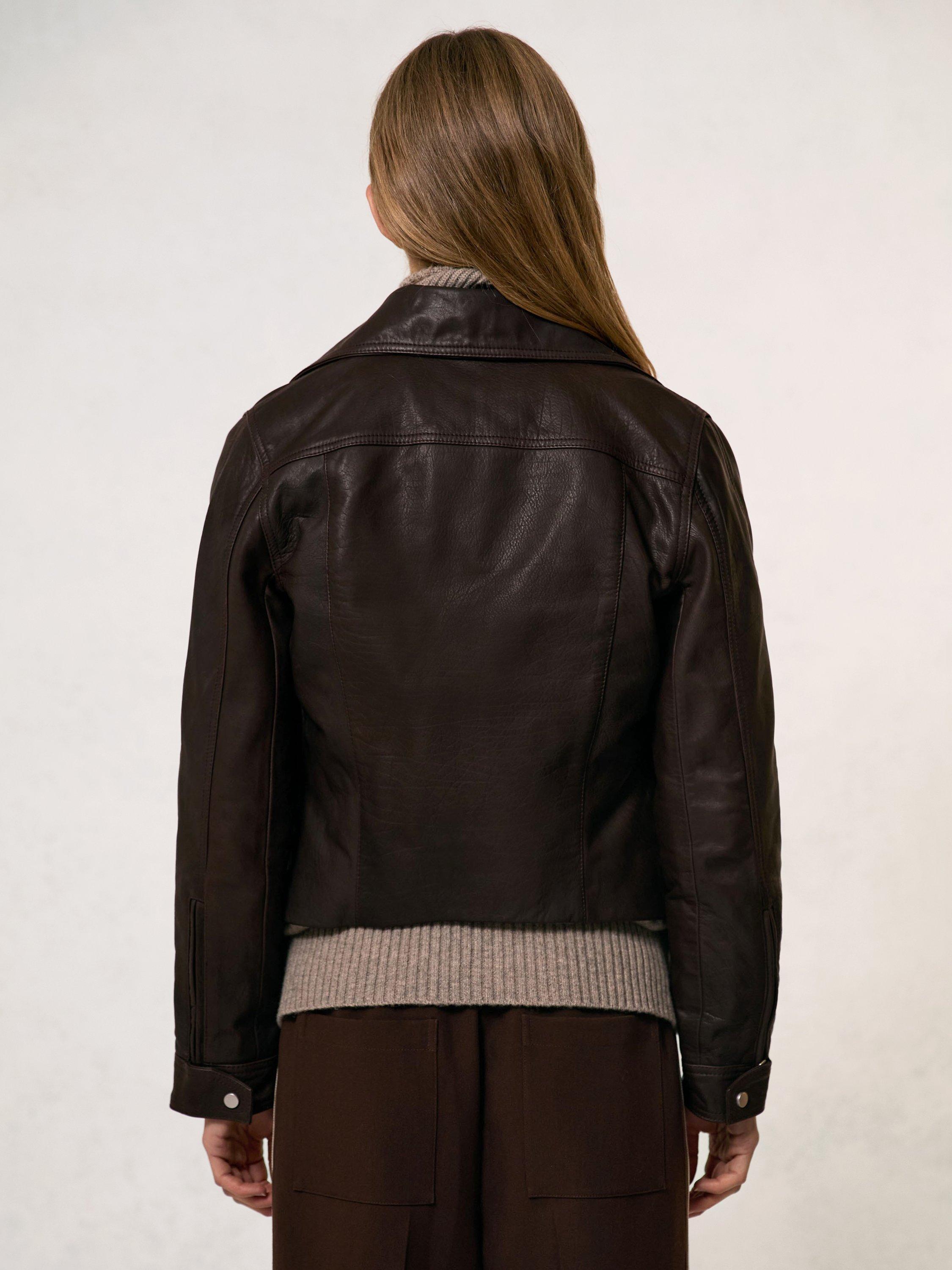 Product image 2 of 5, which shows Reiss Lidia Pure Leather Biker Jacket, Chocolate Brown, 6