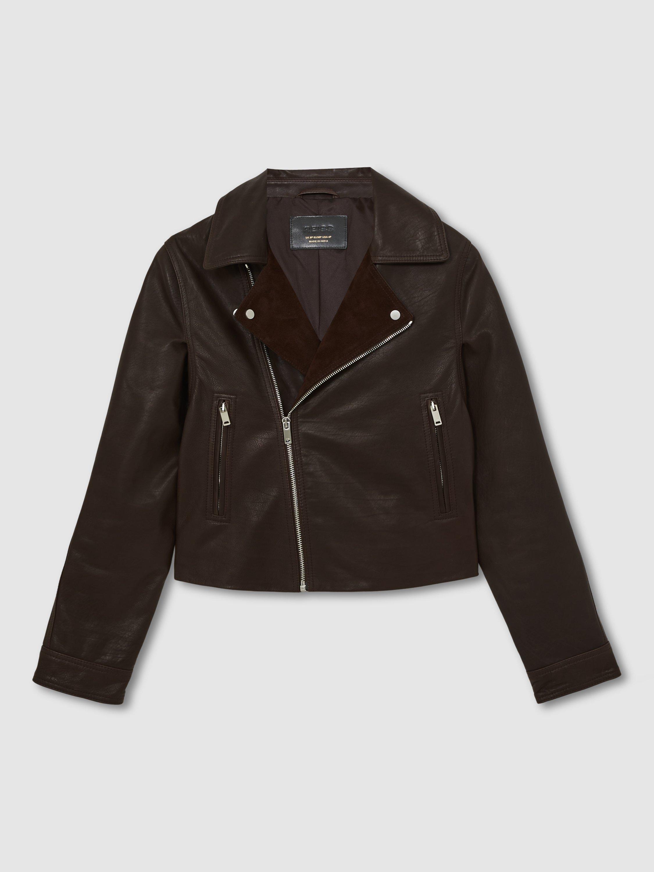 Product image 3 of 5, which shows Reiss Lidia Pure Leather Biker Jacket, Chocolate Brown, 6