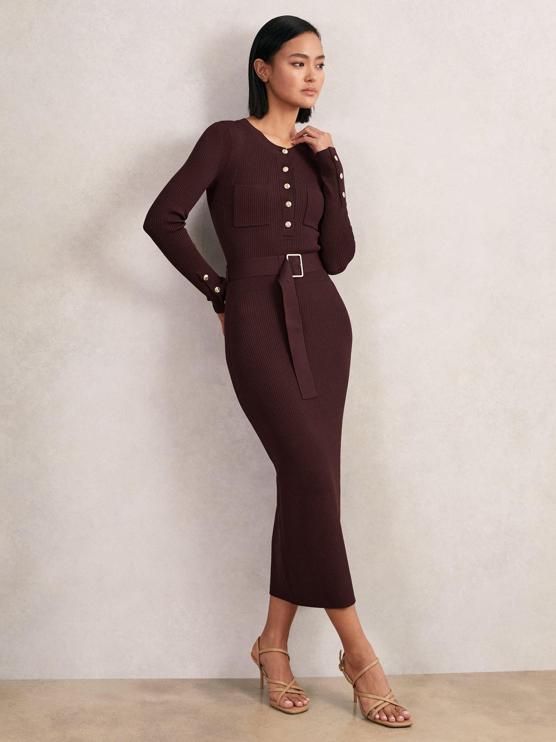Reiss Willow Belted Bodycon Midi Dress, Burgundy