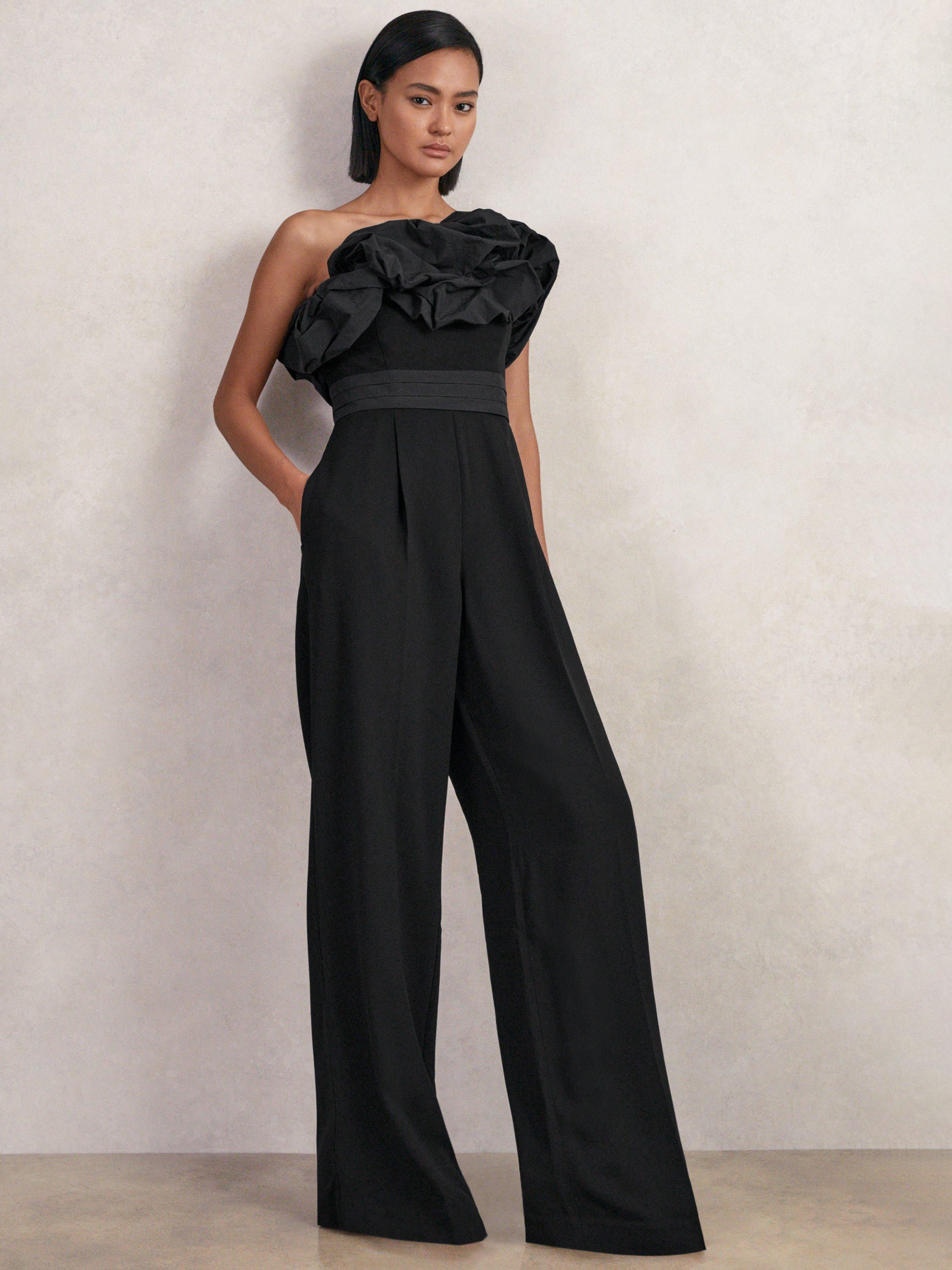Reiss Sabbie Ruffle Wide Leg Jumpsuit, Black