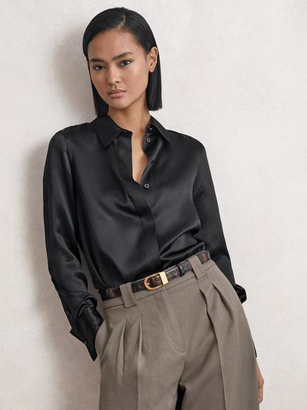 Reiss Ameira Pure Silk Shirt, Black, Black