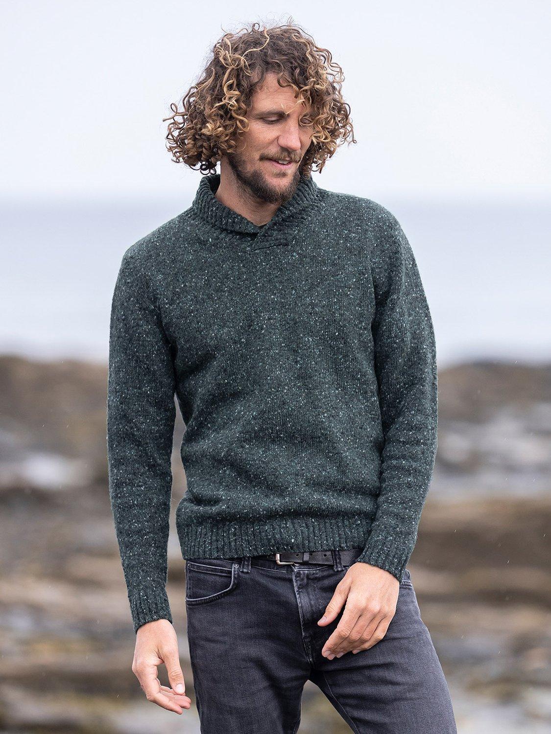 Product image 1 of 7, which shows Celtic & Co. Donegal Shawl Collar Wool Jumper, Grey Slate, S