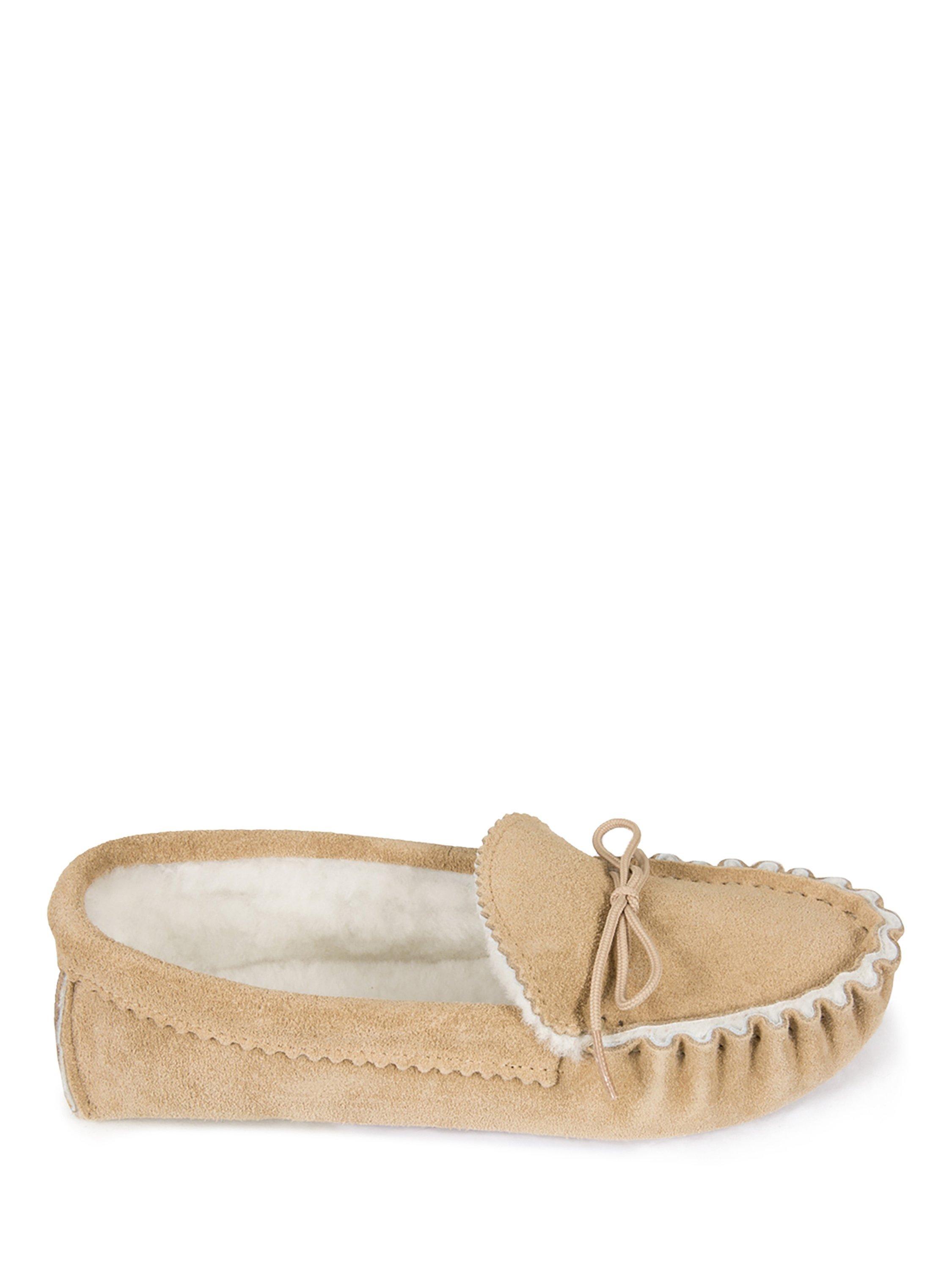 Product image 1 of 5, which shows Celtic & Co. Sheepskin Moccasin Slippers, Camel, 6