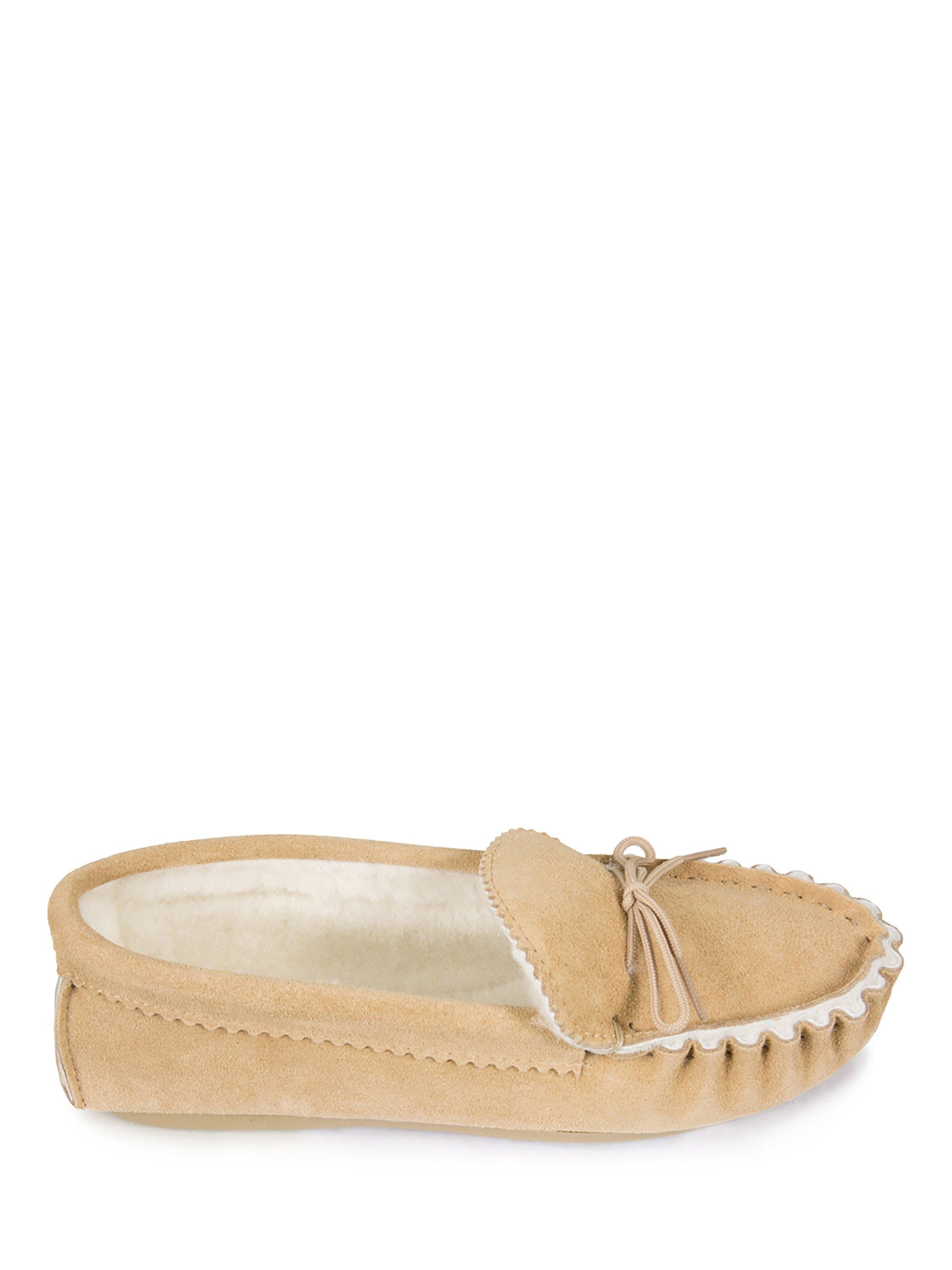 Product image 1 of 5, which shows Celtic & Co. Sheepskin Moccasin Slippers, Camel, 6