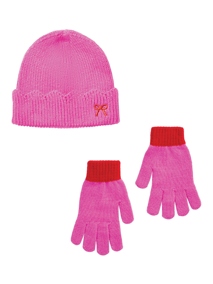 Product image 1 of 3, which shows Small Stuff Kids' Knitted Beanie Hat and Gloves Set, Hot Pink, 3-5 years