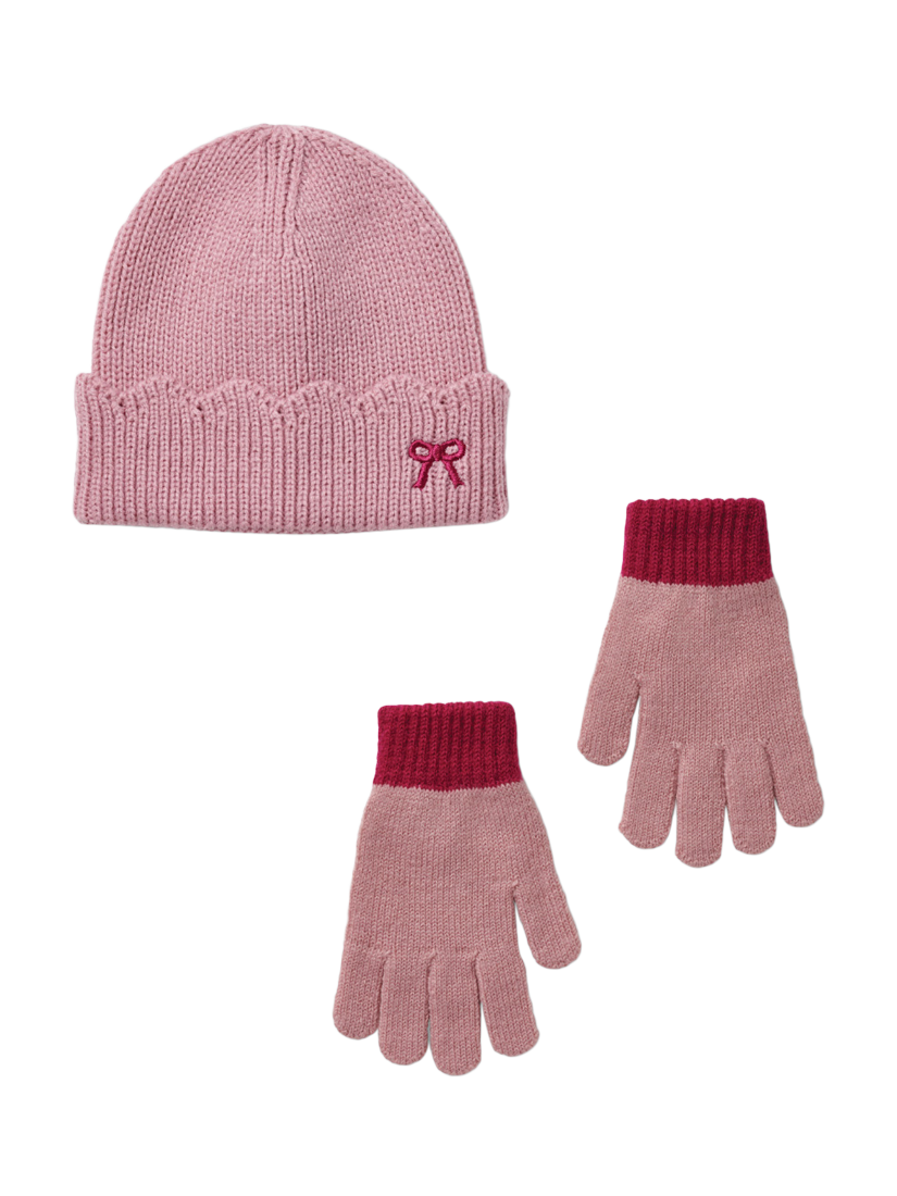 Product image 1 of 3, which shows Small Stuff Kids' Knitted Beanie Hat and Gloves Set, Light Pink, 3-5 years