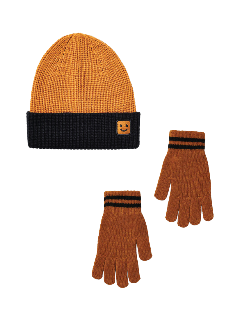 Product image 1 of 3, which shows Small Stuff Kids' Knitted Beanie Hat and Gloves Set, Orange, 3-5 years