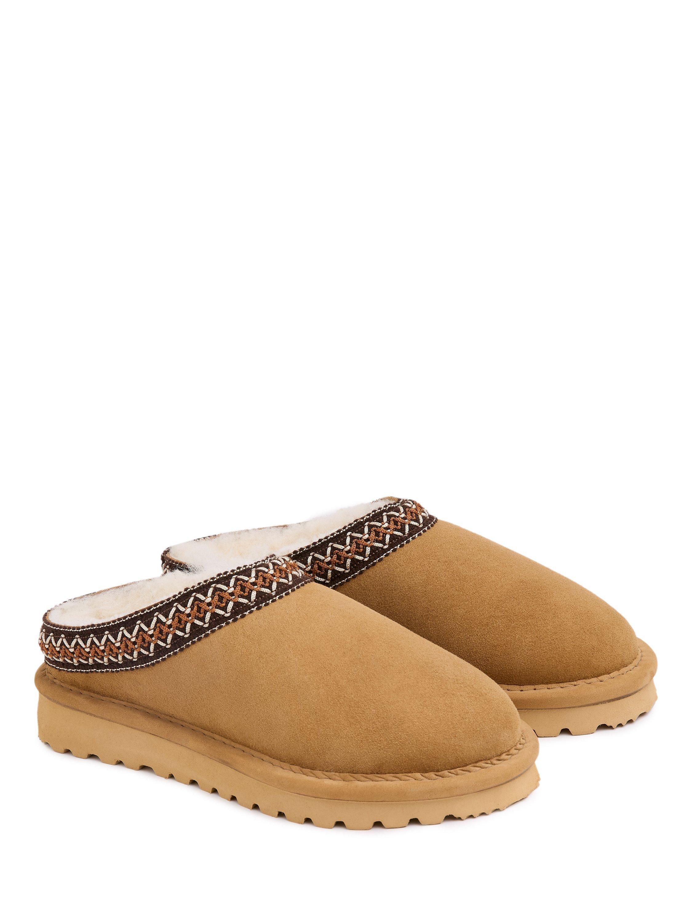 Product image 2 of 6, which shows Celtic & Co. Braid Trim Sheepskin Clogs with Backs, Spice, 3