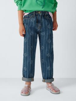 John Lewis Girls' Striped Floral Straight Leg Jeans, Blue/White, Blue, White