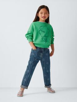 John Lewis Girls' Striped Floral Straight Leg Jeans, Blue/White - view 2, Blue, White